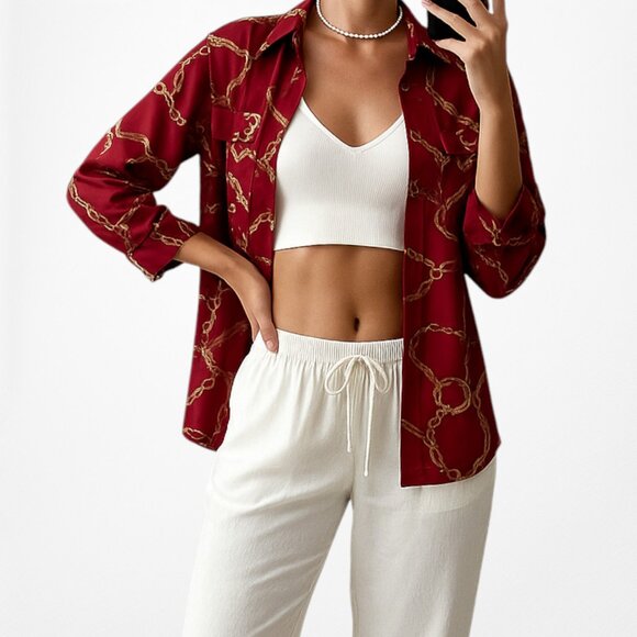 Vintage Y2K Croft & Barrow Printed Burgundy Red Button Down Shirt Top Size S - Picture 1 of 5